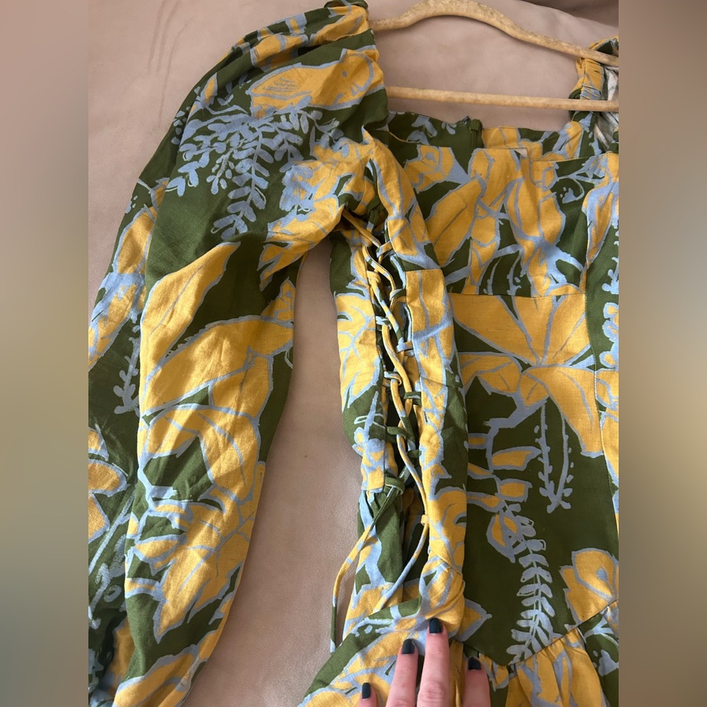 NWT FARM Rio Olive Green Mini Dress with Yellow & Light Blue Floral Print - Picture 5 of 7
